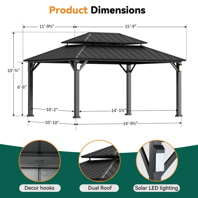 Modern Shade The Horizon Permanent Hardtop Gazebo 12' x 16' w/ 4 LED Lights, Outdoor Gazebo w/Galvanized Steel Double Roof, Patio Pavilion w/Decor Hooks, Mosquito Nettings, Black