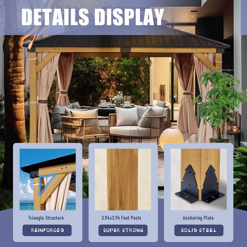 CHARMELEON 10'x12' Wood Gazebo,Patio Cedar Wood Gazebo with Mosquito Netting and Curtains, Galvanized Steel Hardtop Pavilion for Outdoor, Garden, Deck