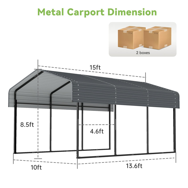 Real Relax 10X15 FT Metal Carport, Heavy Duty Carport Canopy with Galvanized Steel Roof, Outdoor Garage Car Shelter Shade for Car, Truck and Boats, Gray