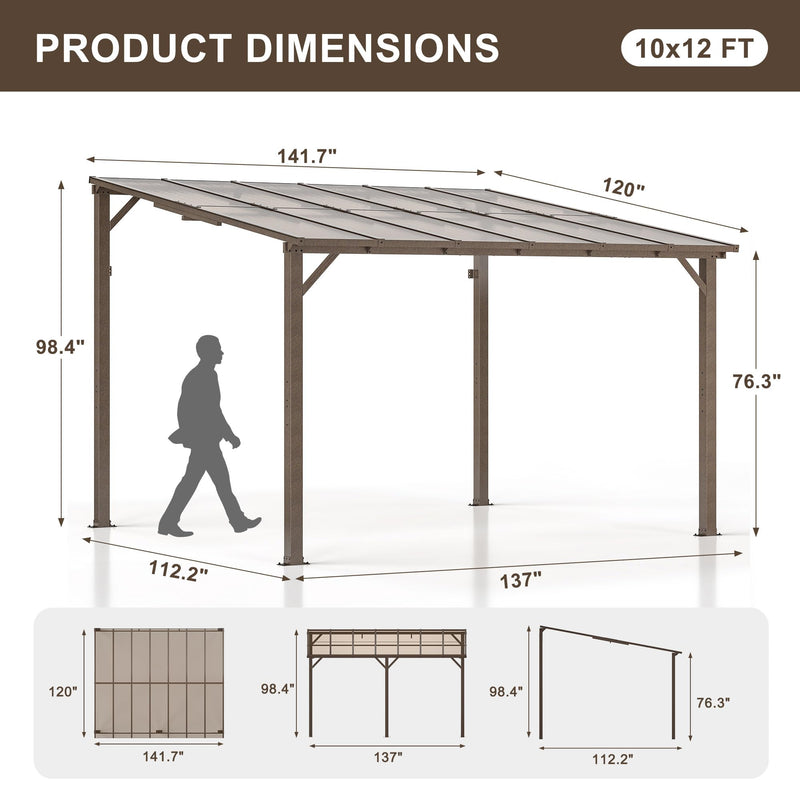 VIWAT 10' x 12' Gazebo, Outdoor Gazebos on Clearance with Aluminum Frame, Wall Mounted Gazebo & Pergola, Lean to Gazebo Awnings for Patio, Decks, Porch and Backyard