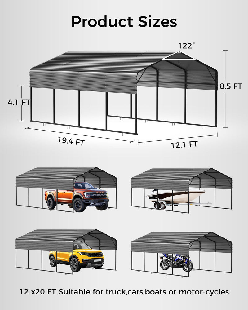 Mars Explo 12x20FT Heavy Duty Metal Carport Kit, Galvanized Permanent Shelter for Pickup Trucks, Tractors, RVs - Extra Sturdy Frame with Enhanced Anchoring System & Snow Load Capacity