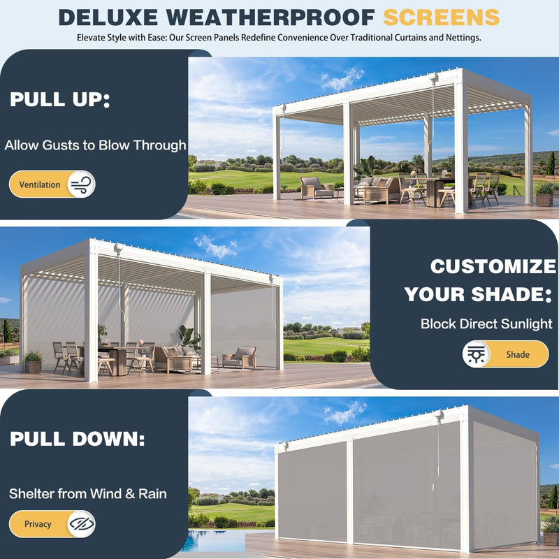 MELLCOM 10x20FT Louvered Pergola with 6-Panel Pull-Down Screen, Aluminum Pergola with Adjustable Rainproof Roof for Patio, Lawn & Garden, White