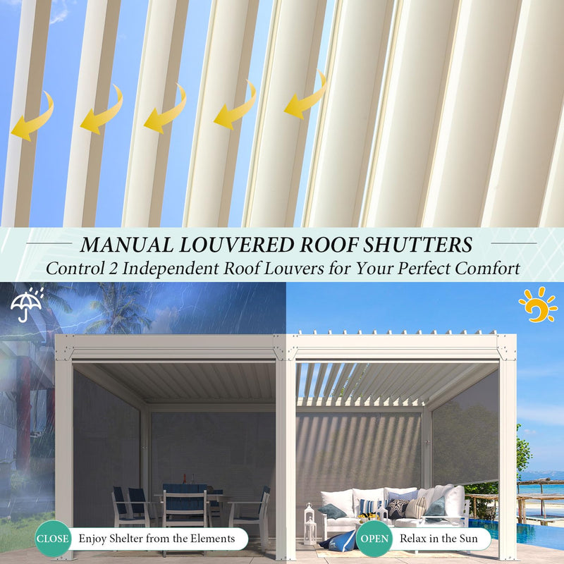 YOLENY Louvered Pergola and 6 Pull-Down Screens, 12x16FT All Aluminum Pergola with Adjustable Rainproof Roof, Outdoor Sun Shade Shelter for Patio, Weatherproof, White