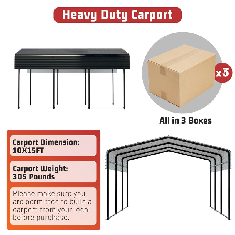 NUGRIART Metal Carport 10 x 15 FT with Heavy Duty Metal Frame & Galvanized Steel Roof, Metal Car Garage, Sturdy Canopy Shelter for Car, Truck, Pickup, SUV, Tractor, and Boat