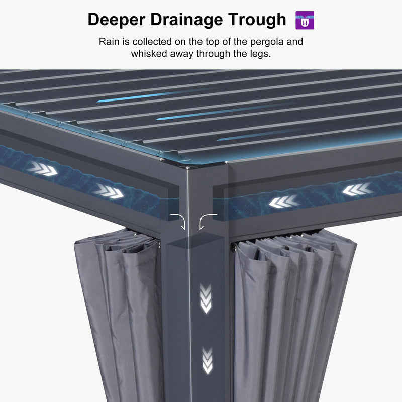 PURPLE LEAF Louvered Pergola 12' x 16' Outdoor Aluminum Modern Gray Pergola with Privacy Curtains and Mesh Netting Adjustable Louvered Roof Durable All-Weather Gazebo