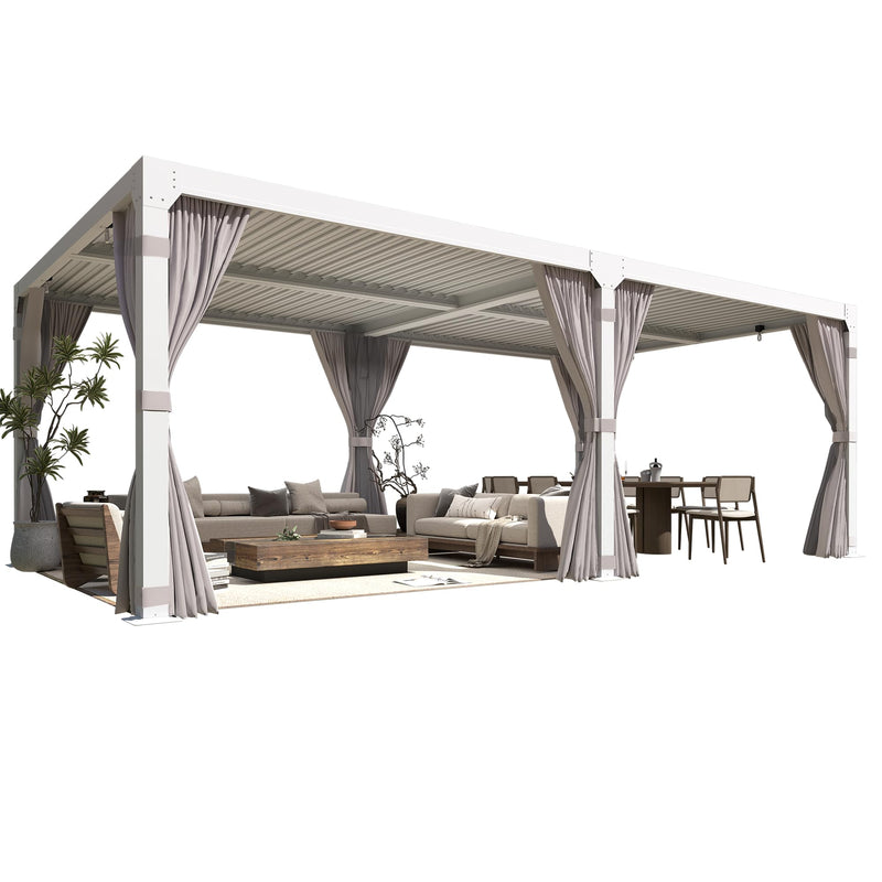 YOLENY Louvered Pergola 10x20, Aluminum Gazebo with Adjustable Waterproof Roof, Curtains and Netting Included, Deck and Backyard, White