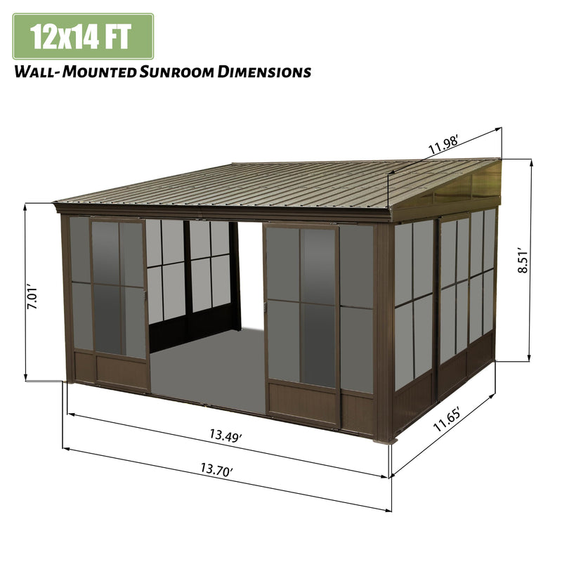 SHPAI 12'x14' Lean to Sunroom, All Weather Wall Mounted Solarium, Hardtop Aluminum Gazebo with Galvanized Steel Roof, 2 Sliding Doors, PVC Screens, Outdoor Permanent Sun Room for Patio, Deck, Backyard