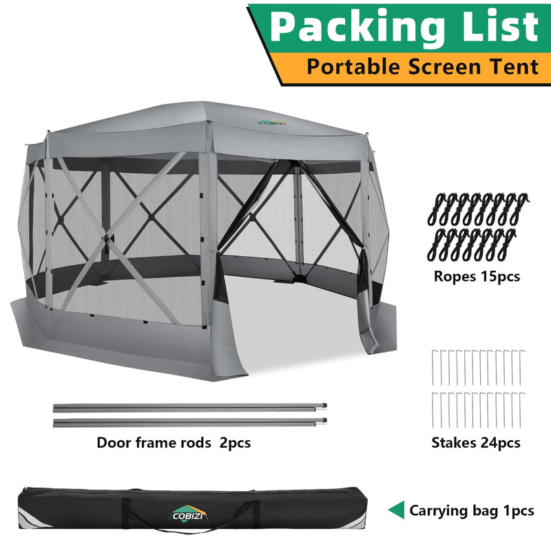 COBIZI Pop Up Gazebo Screen Tent Screen House for Camping, 15x15 Screen Room with Mosquito Netting, Hub Tent Instant Screened Canopy with Carrying Bag and Ground Stakes, Gray