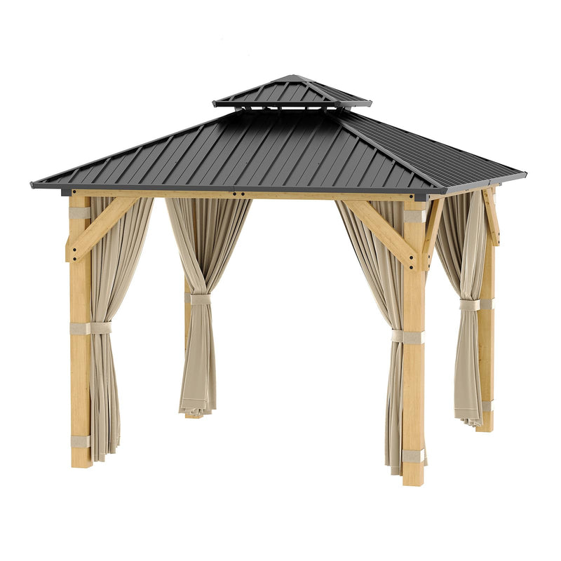 HarmonyHealth 10 x 10 Ft Wood Gazebo, Upgrade Wooden Frame, Double Galvanized Steel Roof, Hardtop Gazebo With Nettings And Curtains For Backyard, Patio, Garden And Lawn,Khaki