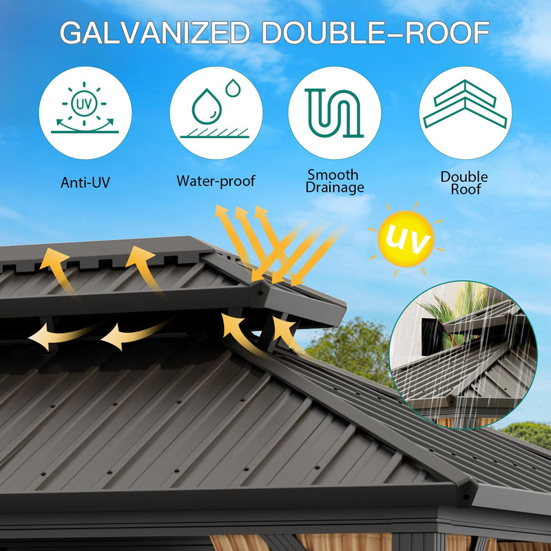 GarveeLife 10x12ft Double Roof Hardtop Gazebo, Heavy Duty Galvanised Steel Hardtop Pavilion with Nettings and Curtains, Metal Roof Gazebo for Patio, Terrace, Lawn and Deck, Brown