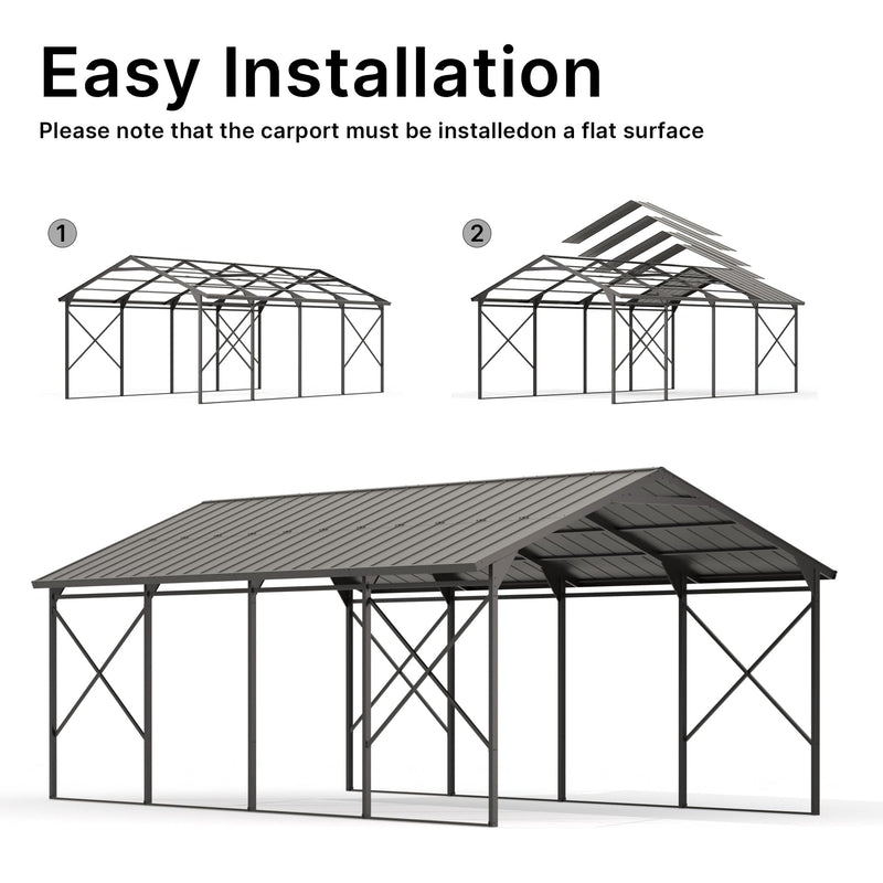 Gotland 12FT x 22FT Heavy Duty Metal Carport, Outdoor Garage Car Shelter with Reinforced Steel Frame, Galvanized Metal Roof, Weather-Resistant Canopy for Cars (Black)