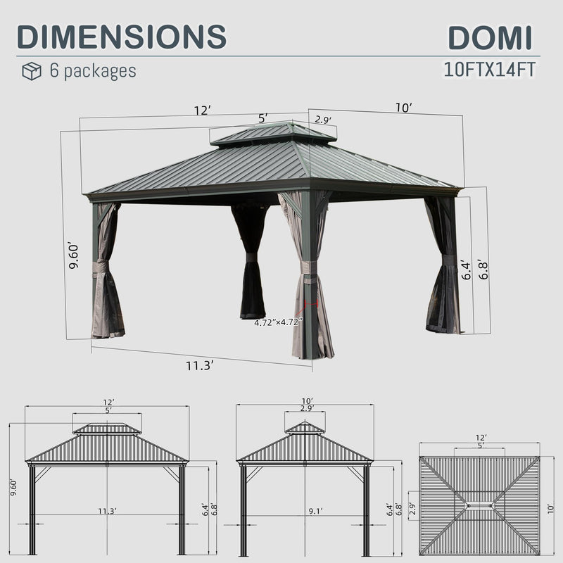 Domi 10x14FT Hardtop Gazebo, Permanent Outdoor Gazebo with Galvanized Steel Double Roof and Aluminum Frame, Curtain and Netting, Pavilion Gazebo for Patio Deck Garden, Grey