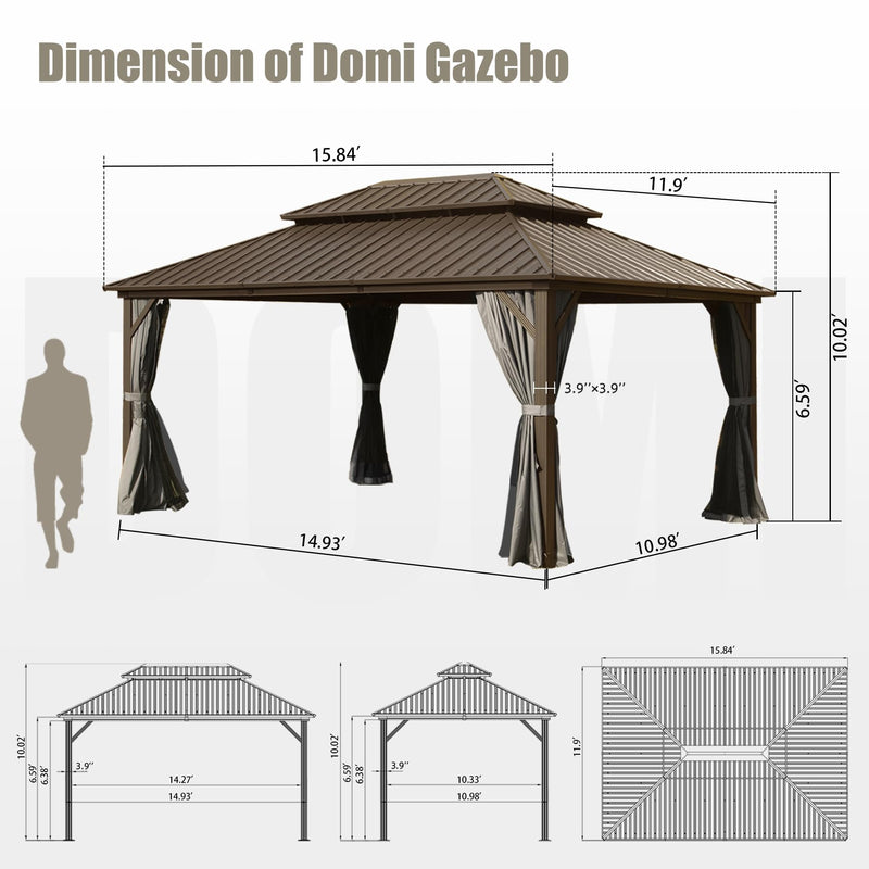 Domi 12'x16' Hardtop Gazebo Canopy Metal,Outdoor Aluminum Gazebo with Galvanized Steel Double Roof,Curtain and Netting,Permanent Gazebo Pavilion for Patio Deck,Backyard