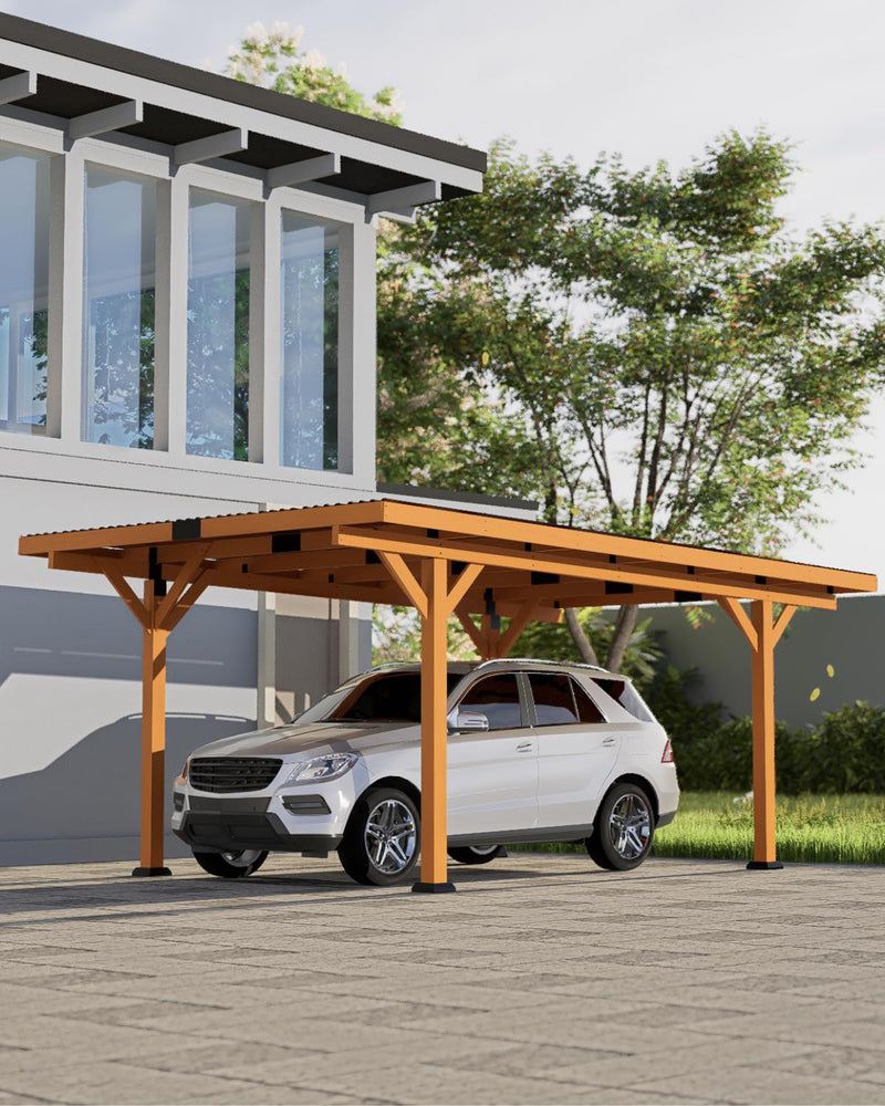 Beneouya 18.3 x 12.6 x 7.8 FT Carport, Wood Outdoor Gazebo Pavilion with Hardtop Sloped Steel Roof, Heavy Duty Waterproof Car Port for Backyard, Patio, Deck and Lawn