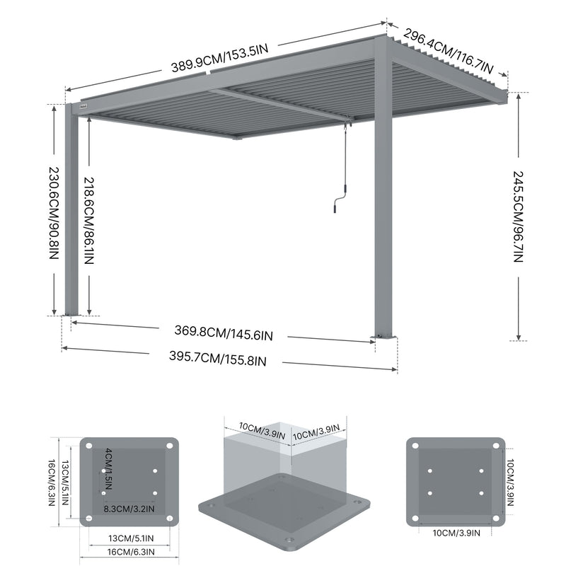 PATISOL Louvered Pergola Against The Wall Outdoor Patio 13'x10' Full Aluminum Pergola Wall Mounted Attached Adjustable Roof Hardtop Rainproof Gazebo for Deck Garden Yard Beach (Grey)
