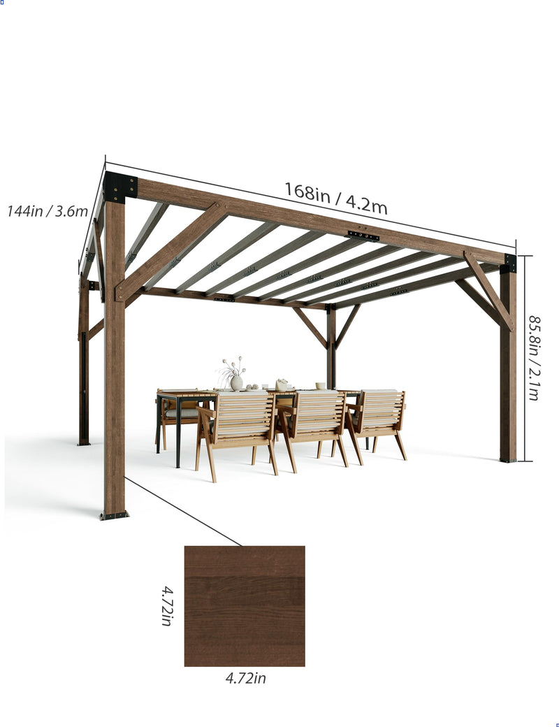 KYBOLT 12 X 14 Ft Wood Pergola with Retractable Sunshade Canopy, Solid Structure, Outdoor Pergola for Backyard, Deck, Garden (Reddish-Brown)