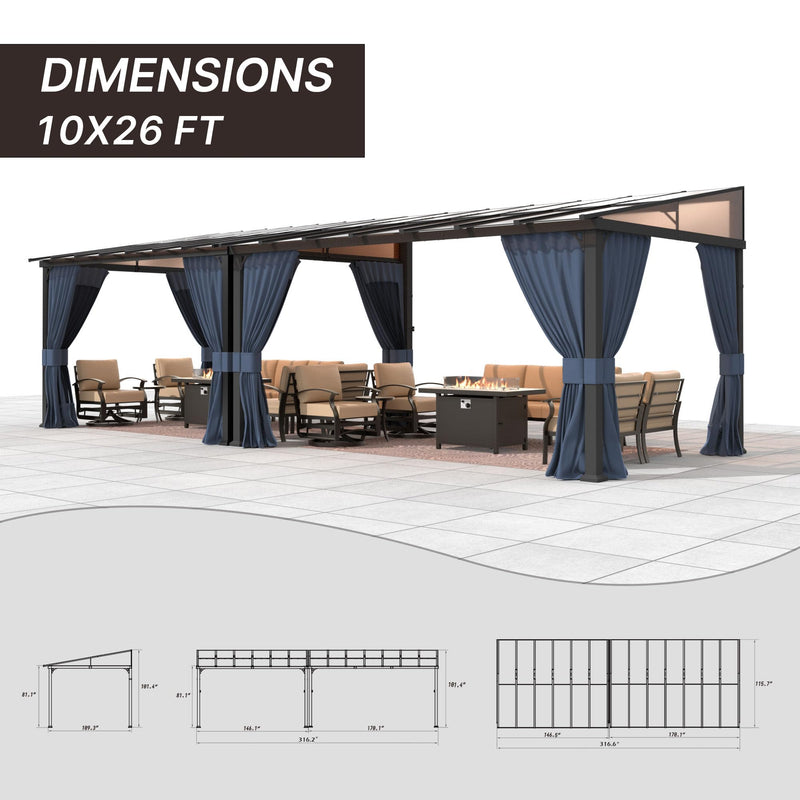 Gotland 10FTx26FT Outdoor Wall-Mounted Hardtop Pergola, Metal Frame Gazebo with Sloping Sun Panel Roof and Double Curtains for Patio, Garden, Lawn, Navy