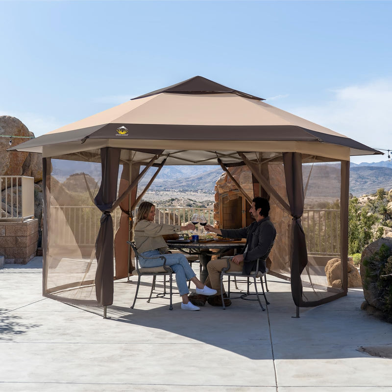 CROWN SHADES 12x12 Pop up Gazebo with Mosquito Nettings, Patented Center Lock 6-Sided Portable Gazebo, 300D Silver-Coated Fabric UV Resistant, Pop Up Canopy Tent for Patio, Party, Beige&Coffee