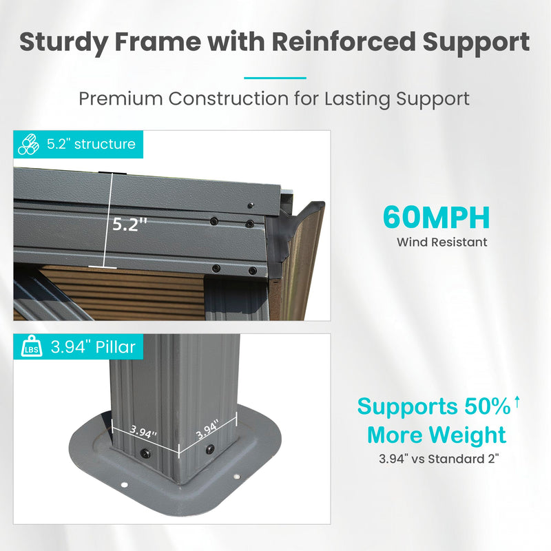 Domi 8' x 8' Lean to Gazebo, Wall Mounted Gazebos Pergola with Built in Drainage System, Galvanized Steel Roof, Hardtop Patio Shelter for Deck, Porch, Backyard and More