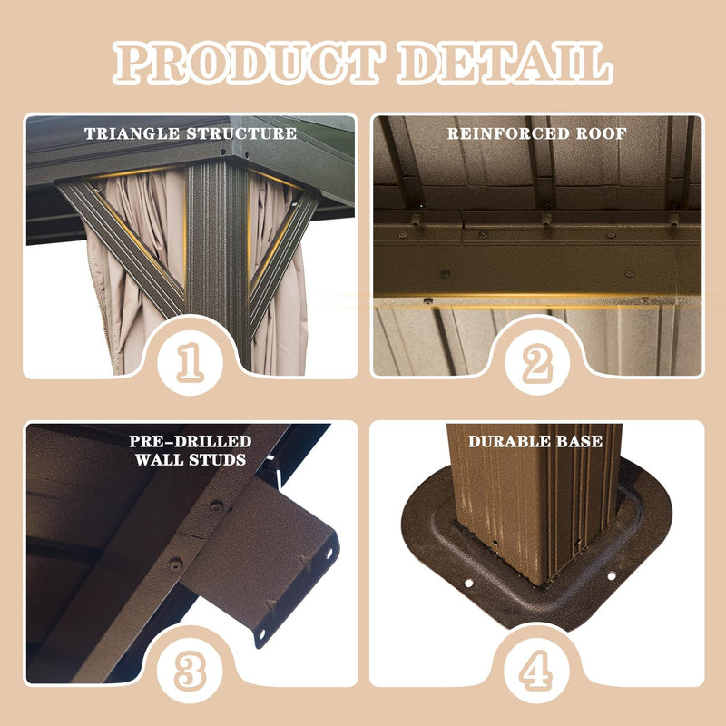 Domi 12x16FT Wall-Mounted Hardtop Gazebo, Aluminum Lean to Gazebo with Galvanized Steel Sloping Roof, Curtains & Netting for Outdoor Patio, Deck, Backyard, Garden Parties