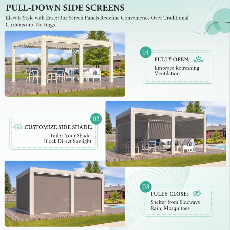 YOLENY Louvered Pergola and 6 Pull-Down Screens, 12x16FT All Aluminum Pergola with Adjustable Rainproof Roof, Outdoor Sun Shade Shelter for Patio, Weatherproof, White