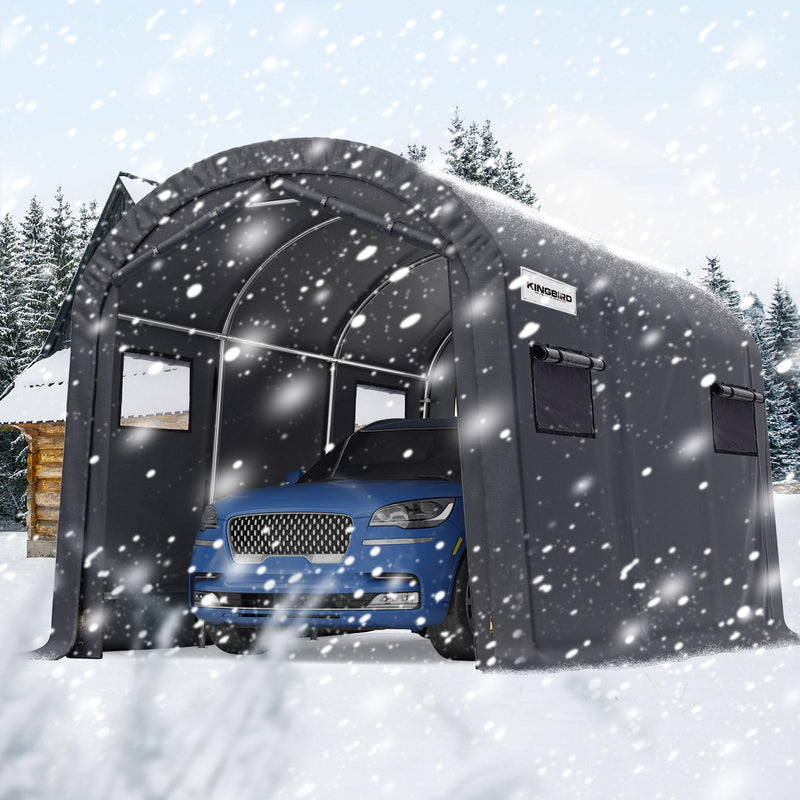 KING BIRD 10' x 15' Heavy Duty Round Style Carport with Roll-up Ventilated Windows Car Tent Carport Tent Outdoor Instant Garage Car Canopy with Reinforced Ground Bars