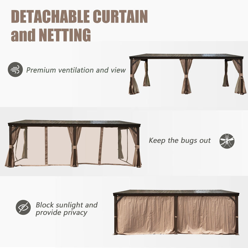 Domi 12' x 20' Lean to Gazebo with Aluminum Frame, Wall Mounted Gazebo Hardtop Galvanized Steel Sloping Roof with Curtains and Netting for Patio Deck Backyard Lawn Party…