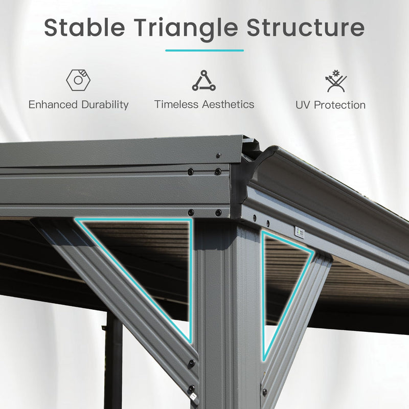 Domi 8' x 8' Lean to Gazebo, Wall Mounted Gazebos Pergola with Built in Drainage System, Galvanized Steel Roof, Hardtop Patio Shelter for Deck, Porch, Backyard and More