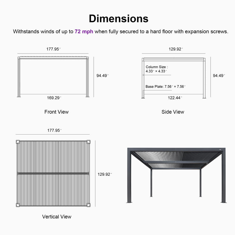 PURPLE LEAF Louvered Pergola 94AS 11' x 15' Aluminum Metal Outdoor Pergola wtih Adjustable Louvered Roof and Integrated Drainage System for Patio Deck Backyard Modern Gray Gazebo