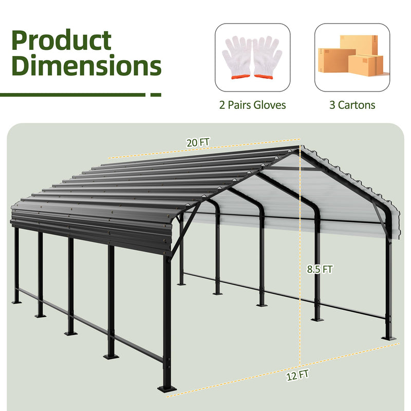 Shintenchi 12x20 FT Metal Carport, Enhanced Base Oversized Garage Carports,Outdoor Galvanized Shelter,Heavy Duty Carport Canopy with Steel Roof and Frame, for Car, Boats and Tractors