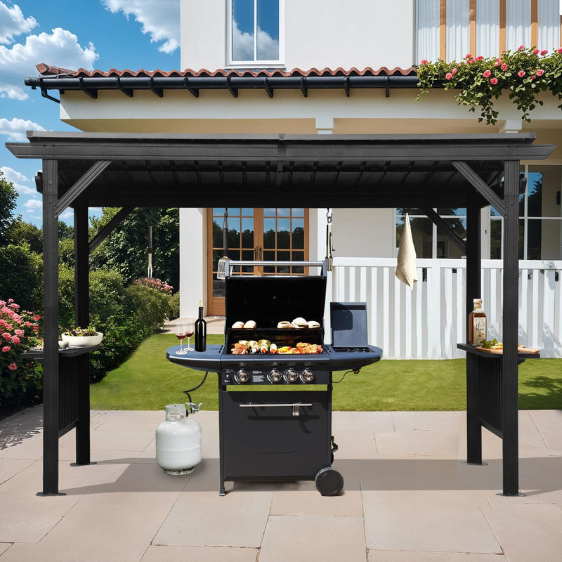 Domi 6.5x12FT Hardtop Grill Gazebo, Outdoor BBQ Gazebo with Galvanized Steel Sloping Roof, Metal Permanent Sun Shade Grill Canopy Shelter with 2 Side Shelves and Ceiling Hooks for Patio Yard, Gray