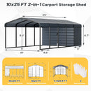 EROMMY 10x25 FT Carport Storage Shed 2-in-1, Heavy Duty Car Port with Galvanized Metal Frame, Base-Reinforced Enclosed Storage Shelter, Extended Coverage for Trucks, Cars & All Vehicles, Gray