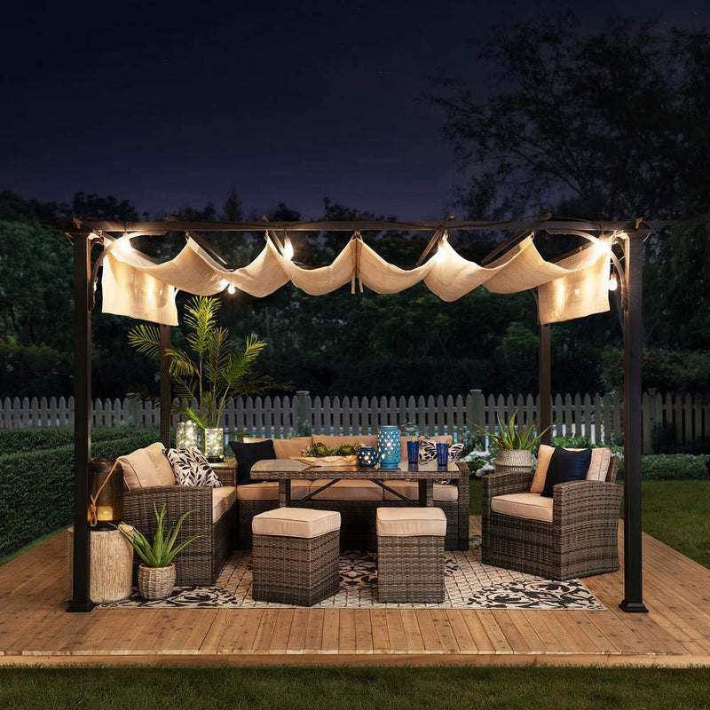 Sunjoy Outdoor Pergola 9 x 12 ft. Patio Black Steel Frame Pergola with Retractable Beige Canopy Shade for Backyard, Garden Activities