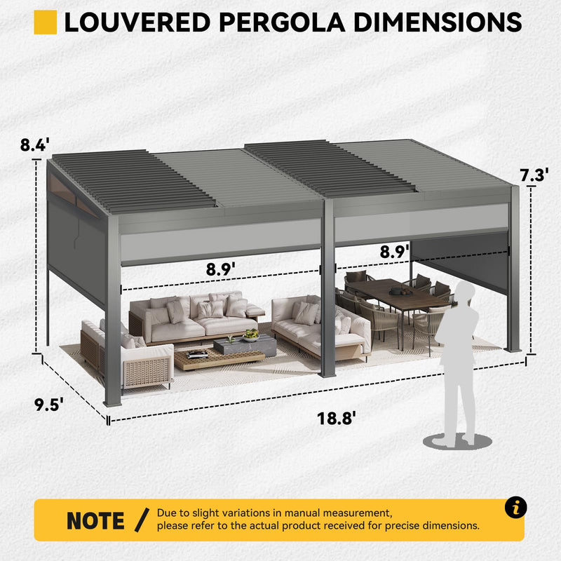 MELLCOM Louvered Pergola with Screen 10x20, Wall-Mounted Adjustable Pergola, Lean to Aluminum Gazebo with 4 Pull-Down Screen Sides and Adjustable Roof for Backyard, Dark Gray
