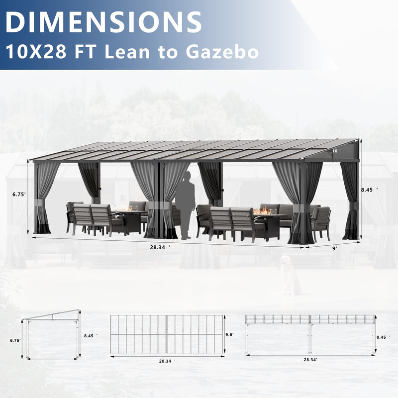 ASJMR 10x28FT Wall Mounted Gazebo Hardtop,Outdoor Wall-Mounted Patio Pergola Metal Frame Double Curtains Gazebo with Sloping Sun Panel Roof for Patio,Garden,Lawn,Pool,Backyard Deck, Sand