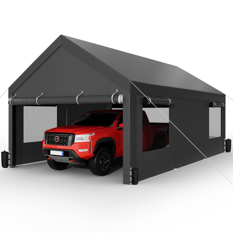 Shintenchi Carport 12' x 20' Heavy Duty Portable Garage, Carport Canopy with Side-Opening Door & Roll-Up Windows, Car Canopy for Truck,Car,Boat,Grey