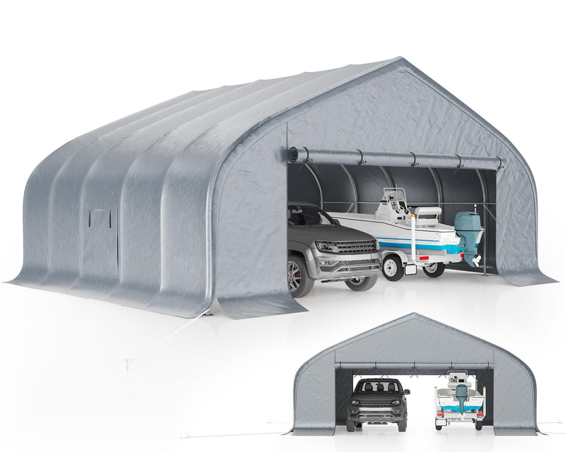 AMERLIFE 22.5 x 20FT Heavy Duty Double Carport, Galvanized Steel Frame Garage Shelter,Outdoor Storage, Waterproof 3-Layer PE Cover, Fits 2 Cars, Boat, Farm Equipment, Silver Gray