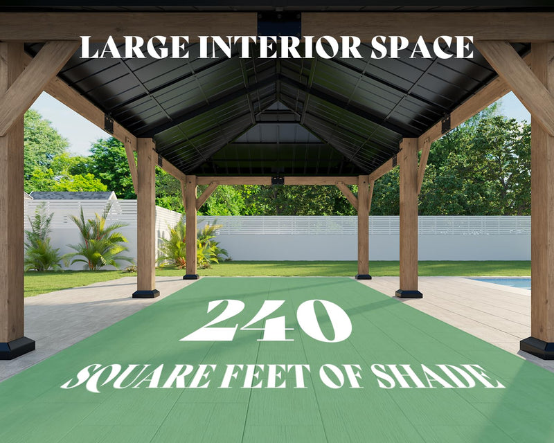 AMERLIFE 12x20 ft Hardtop Gazebo, Spruce Wood Gazebo with Iron Double Roof, Outdoor Pergola with Wood Frame for Garden, Porch, Patio, Charcoal Gray + Brown Gray