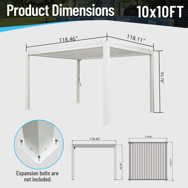 Domi Louvered Pergola 10' x 10' Outdoor Aluminum Pergola with Adjustable Roof, Aluminum Frame, Efficient Drainage System for Patio, Deck, Garden, White