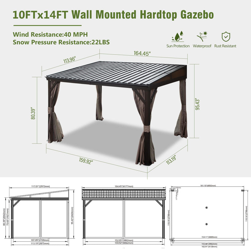 Domi 10x14FT Lean to Gazebo with Gutters, Outdoor Wall Mounted Pergola Hardtop with Galvanized Steel Sloping Roof, Patio Metal Canopy with Curtains and Nettings, Outside Awning for Backyard, Garden