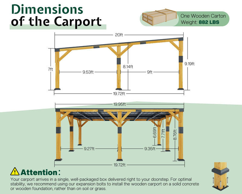 Jocisland 20x20x9.2 FT Cedar Wood Carport with Sloped Galvanized Steel Roof, Heavy Duty Outdoor Shelter for 2 Cars, Trucks, Boats & Tractors, Wind & Snow Resistant Pitch Roof Design
