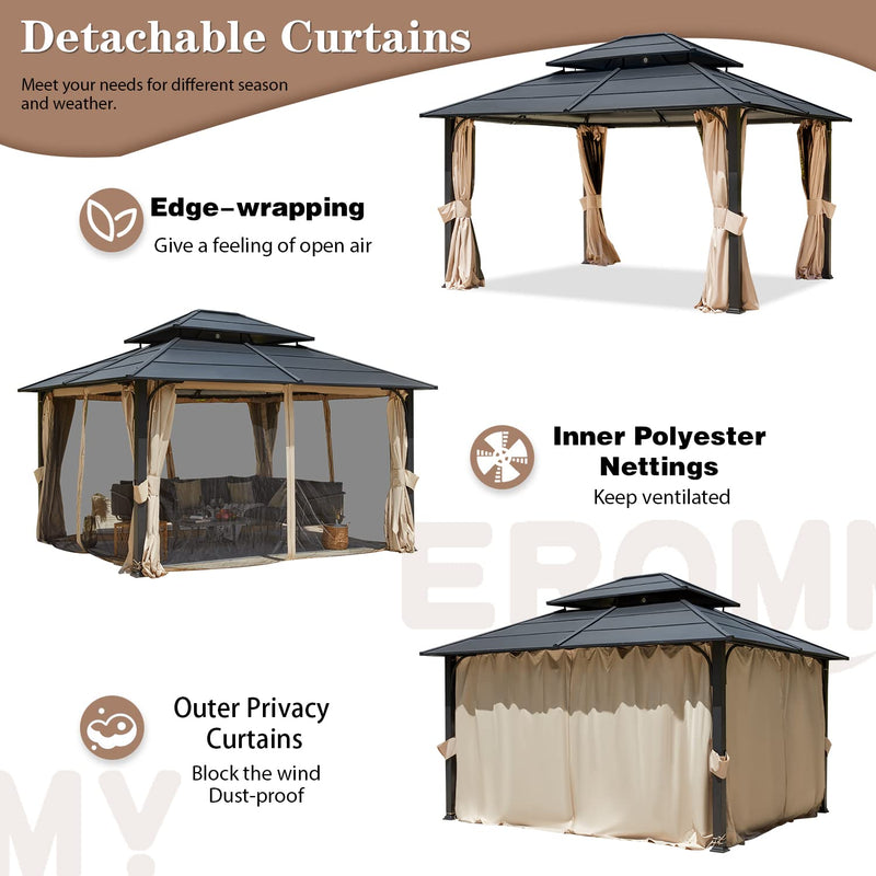 EROMMY 12'x14' Hardtop Gazebo, Double Roof Metal Canopy with Aluminum Frame, Netting and Shaded Curtains Included Permanent Outdoor Pavilion Gazebos for Patio, Backyard, Deck and Lawns