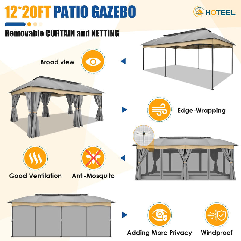 HOTEEL Gazebo 12x20, Outdoor Gazebo on Clearance with Double Ventilated Flat Roof, Privacy Curtains & Mosquito Netting, Easy Set up Canopy Tent with Stable Metal Frame for Patio, Gray (Upgraded 2.0)