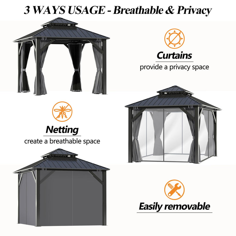 GARTOO 8.5x8.5FT Outdoor Hardtop Gazebo - Aluminum Heavy-Duty Galvanized Steel Top Gazebo with Breathable Netting & Privacy Curtain, Double Roof Gazebos for Patio, Porch, Garden, Lawn, Deck, Backyard