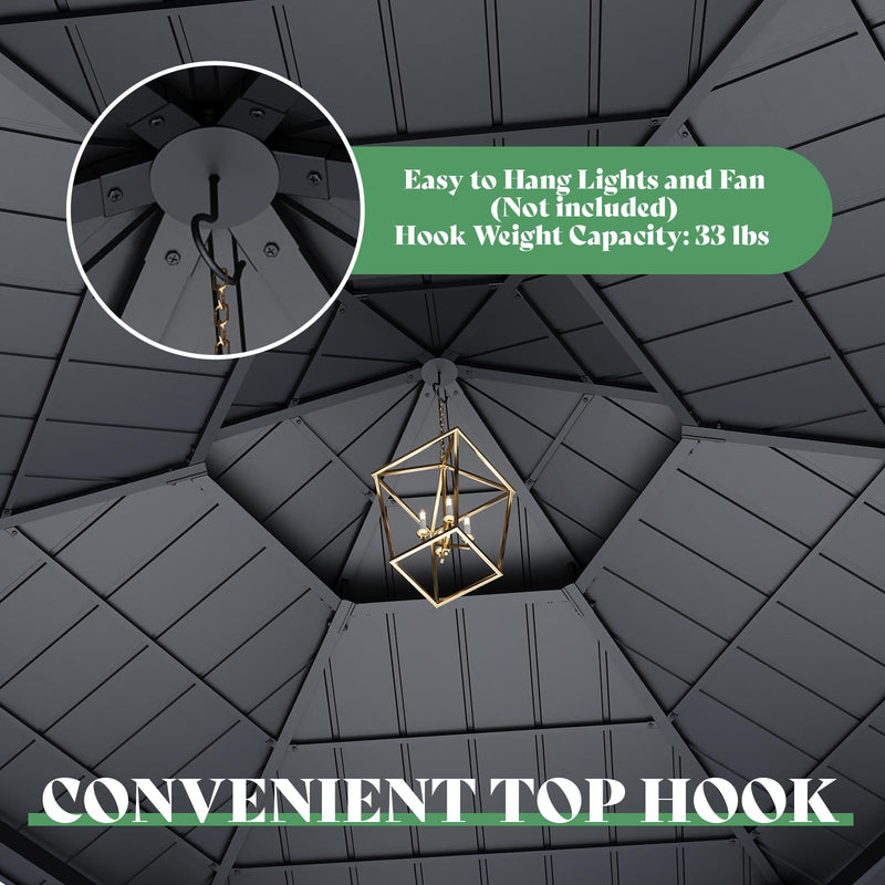 AMERLIFE 13X15FT Hardtop Gazebo, Hexagon Metal Patio Gazebo, Double Tiered Patio Pavilion with Aluminum Foot, Dual Rails, Ceiling Hook and Bench for Patio, Garden, Backyard Shade