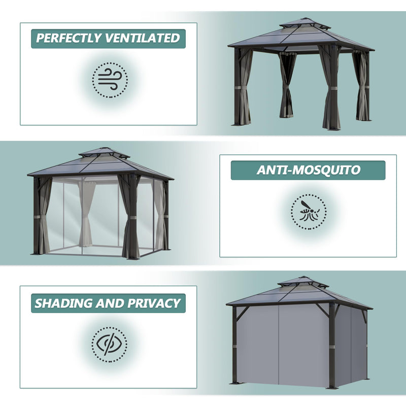 Howsvn 10'x10' Hardtop Gazebo, Upgrade Outdoor Polycarbonate Gazebos with Netting and Curtains, Heavy Duty Metal Pavilion for Patio, Backyard, Deck and Lawn