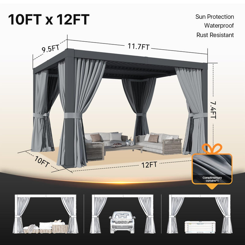 Jolydale Louvered Pergola 10' x 12' Outdoor Aluminum Pergola with Adjustable Top for Decks, Gardens and Backyards, Gray