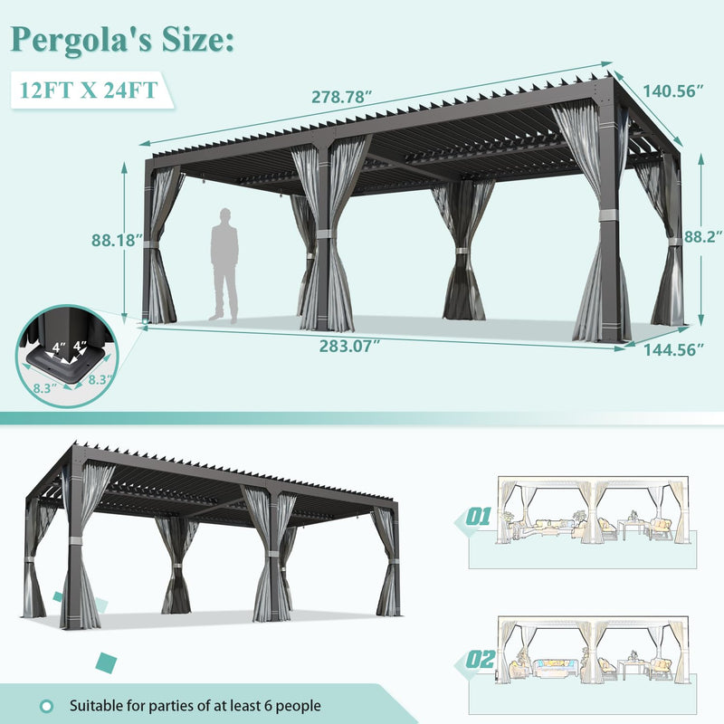 YOLENY Louvered Pergola 12x24, All Aluminum Pergola with Adjustable Rainproof Roof, Outdoor Pergola with Curtains and Nets for Patio & Garden, Dark Grey