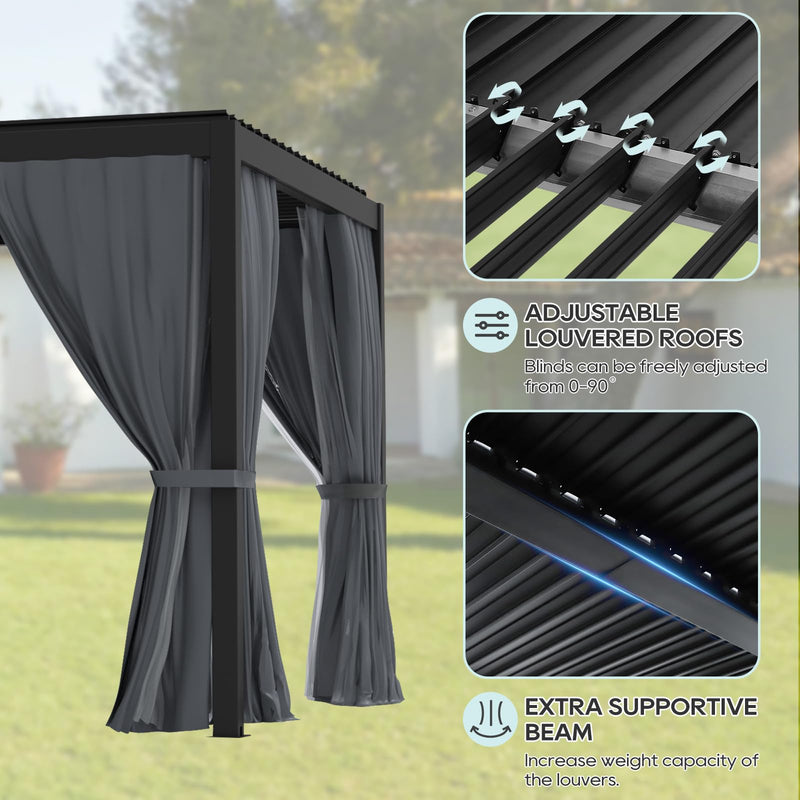 LVUYOYO Louvered Pergola 10' x 10', Outdoor Pergola with Adjustable Roof, Patio Aluminum Frame Metal Gazebo with Curtains and Netting for Patio, Backyard, Garden, Deck (Black)