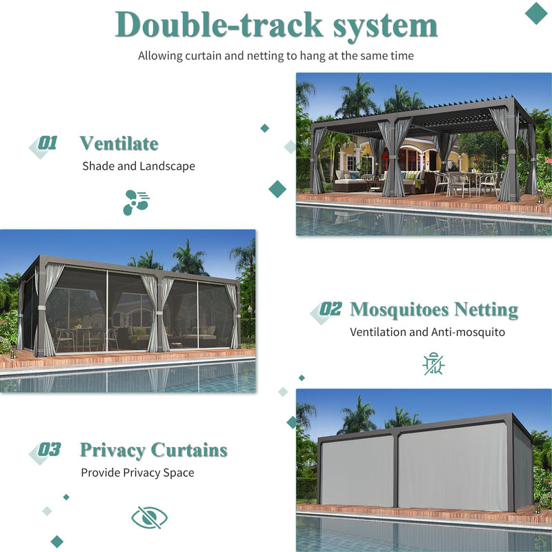 YOLENY Louvered Pergola 12x24, All Aluminum Pergola with Adjustable Rainproof Roof, Outdoor Pergola with Curtains and Nets for Patio & Garden, Dark Grey